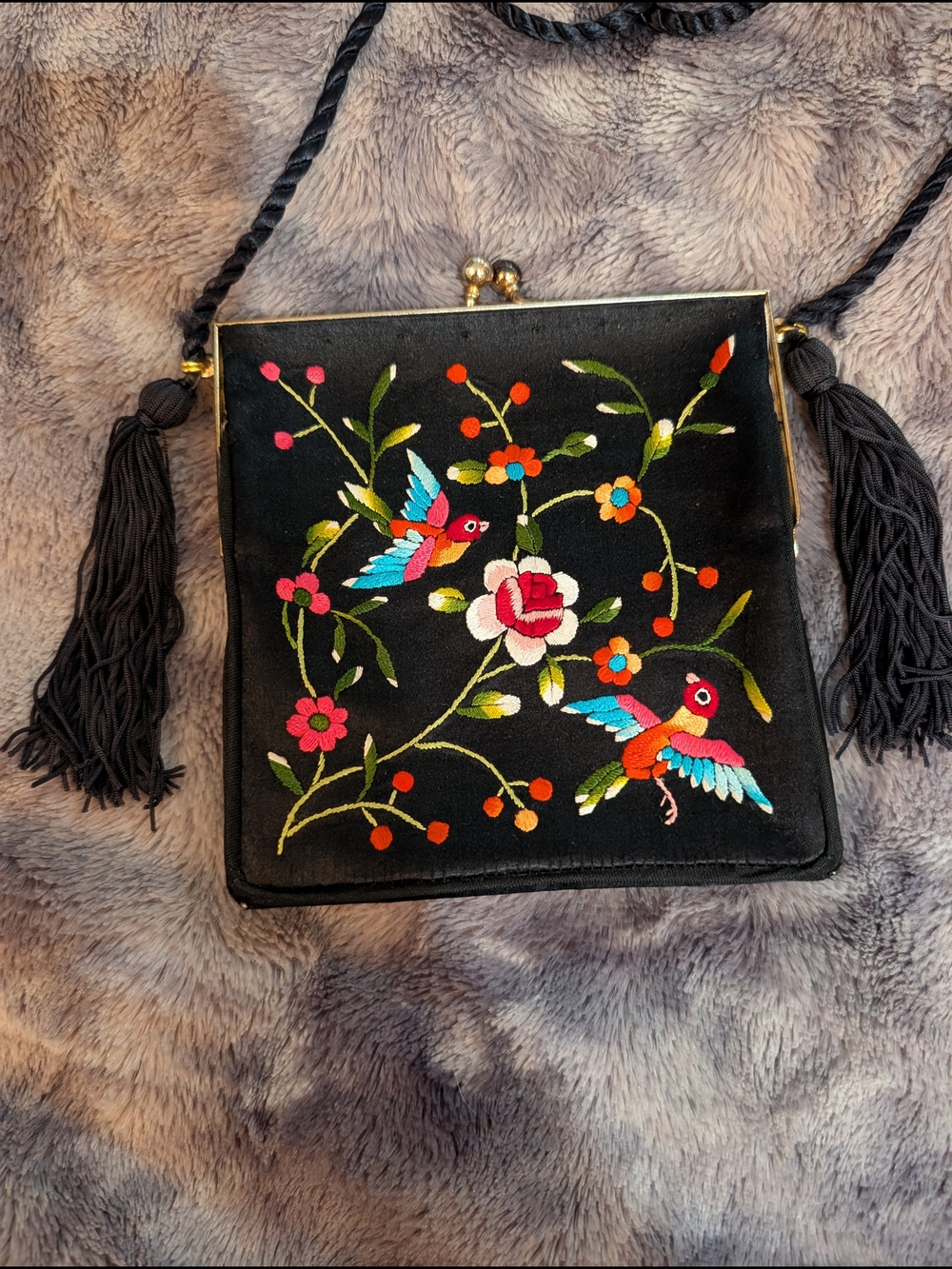 Vintage Embroidered Black Floral & Bird Crossbody Bag